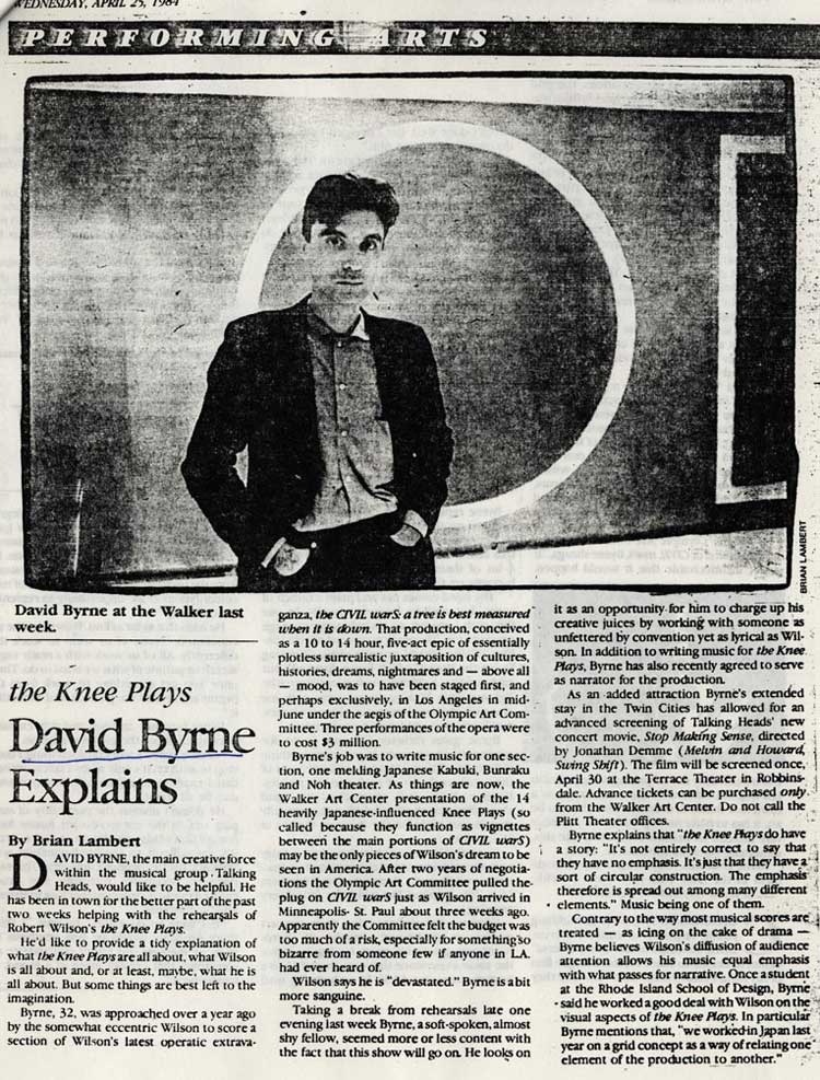 the Knee Plays David Byrne Explains, Twin Cities Reader, April 25, 1984