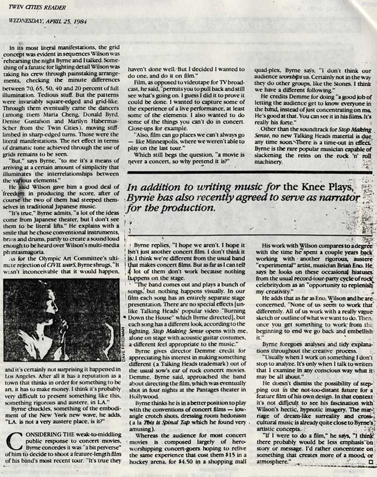 the Knee Plays David Byrne Explains, Twin Cities Reader, April 25, 1984