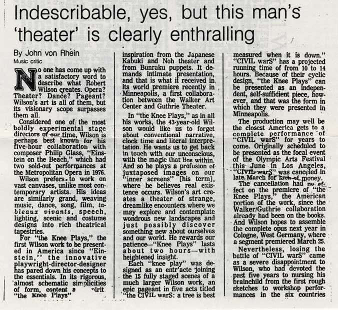 Indescribable, yes, but this man's theater is clearly enthralling, The Chicago Tribune, May 6, 1984