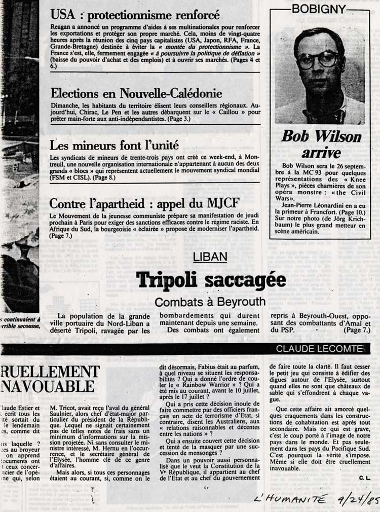 De Francfort a Bobigny Bob Wilson fait jouer... ses articulations, L'Humanite, September 24, 1985