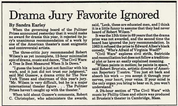 Drama Jury Favorite Ignored, Newsday, April 1986