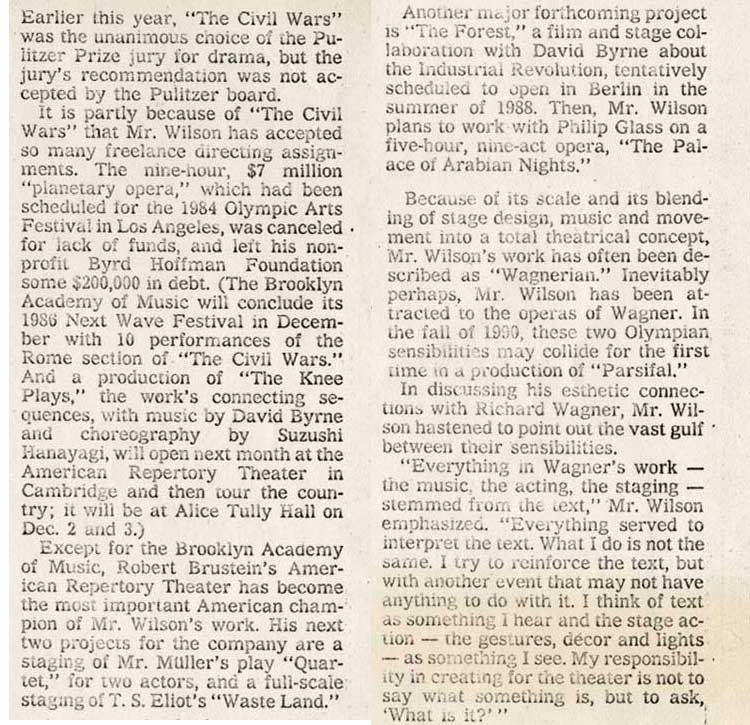 Robert Wilson's Vision Of Theater as Spectacle, The New York Times, September 2, 1988